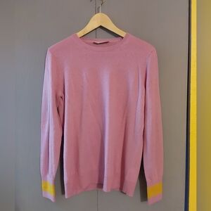 Everlane Pink Crewneck Sweater with Yellow Cuff Stripes